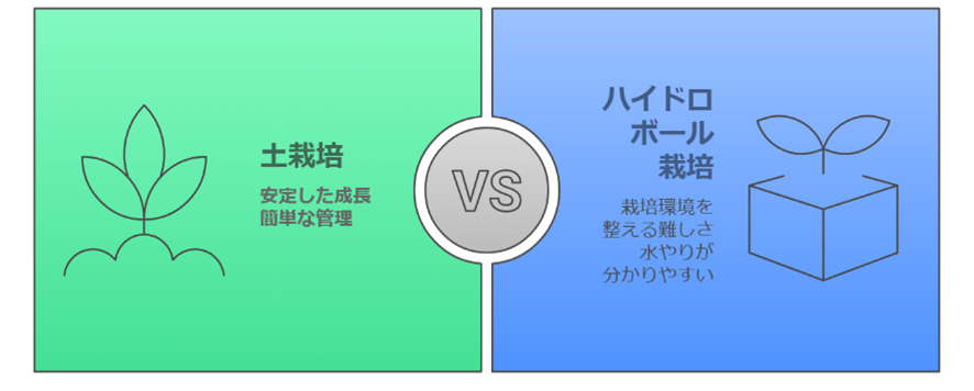 土栽培とハイドロボール栽培の違いを示した図解