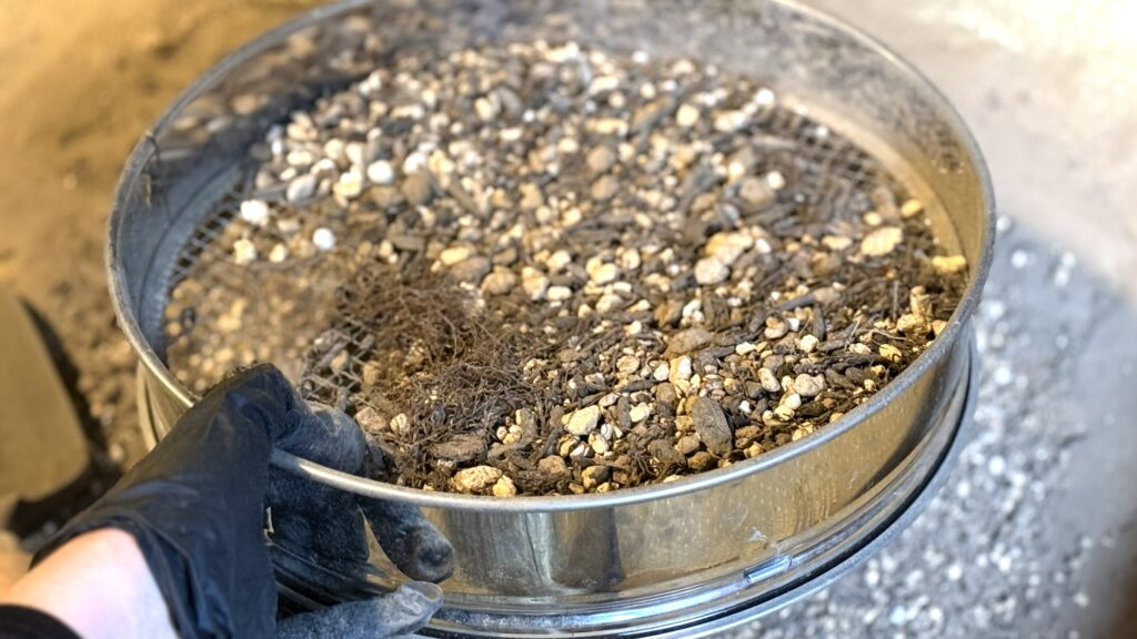 土をふるいにかけてゴミを取り除いている様子