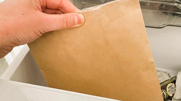 紙袋に入れた球根を冷蔵庫で保管している様子